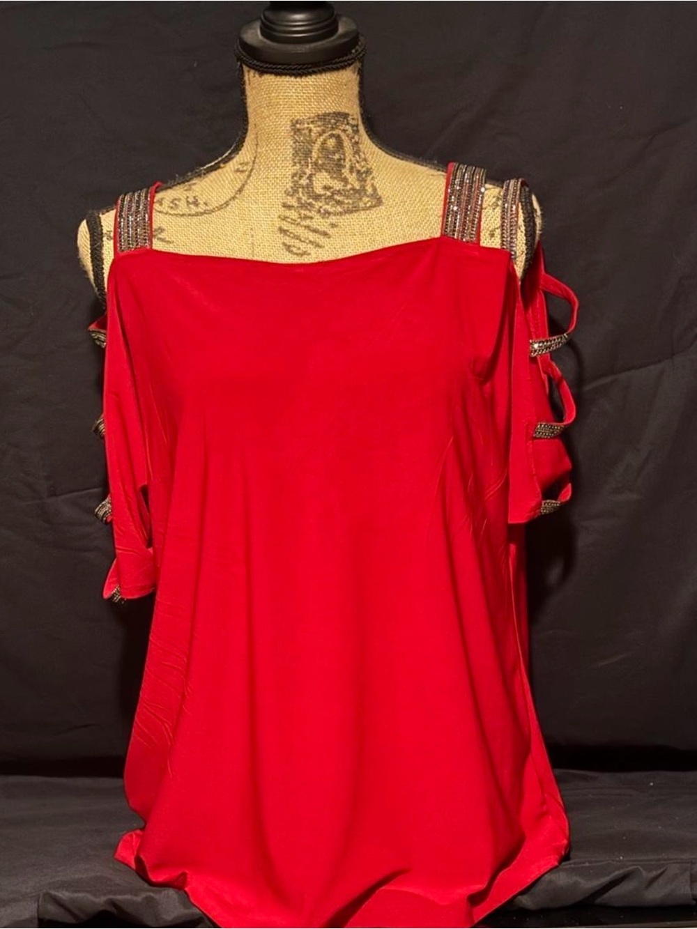 Perceptions Red Cold-Shoulder Blouse with Jeweled Straps